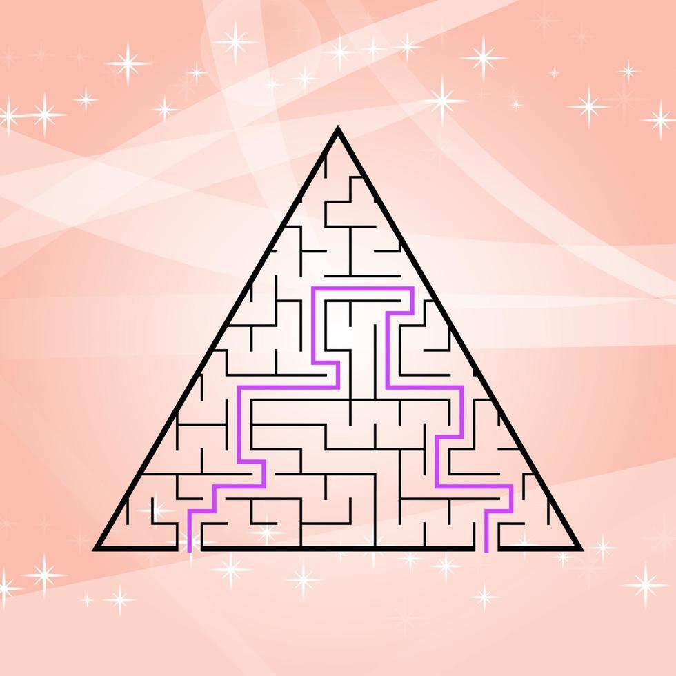 A triangular labyrinth, a pyramid with a black stroke. A game for children. A simple flat vector illustration. With the answer.