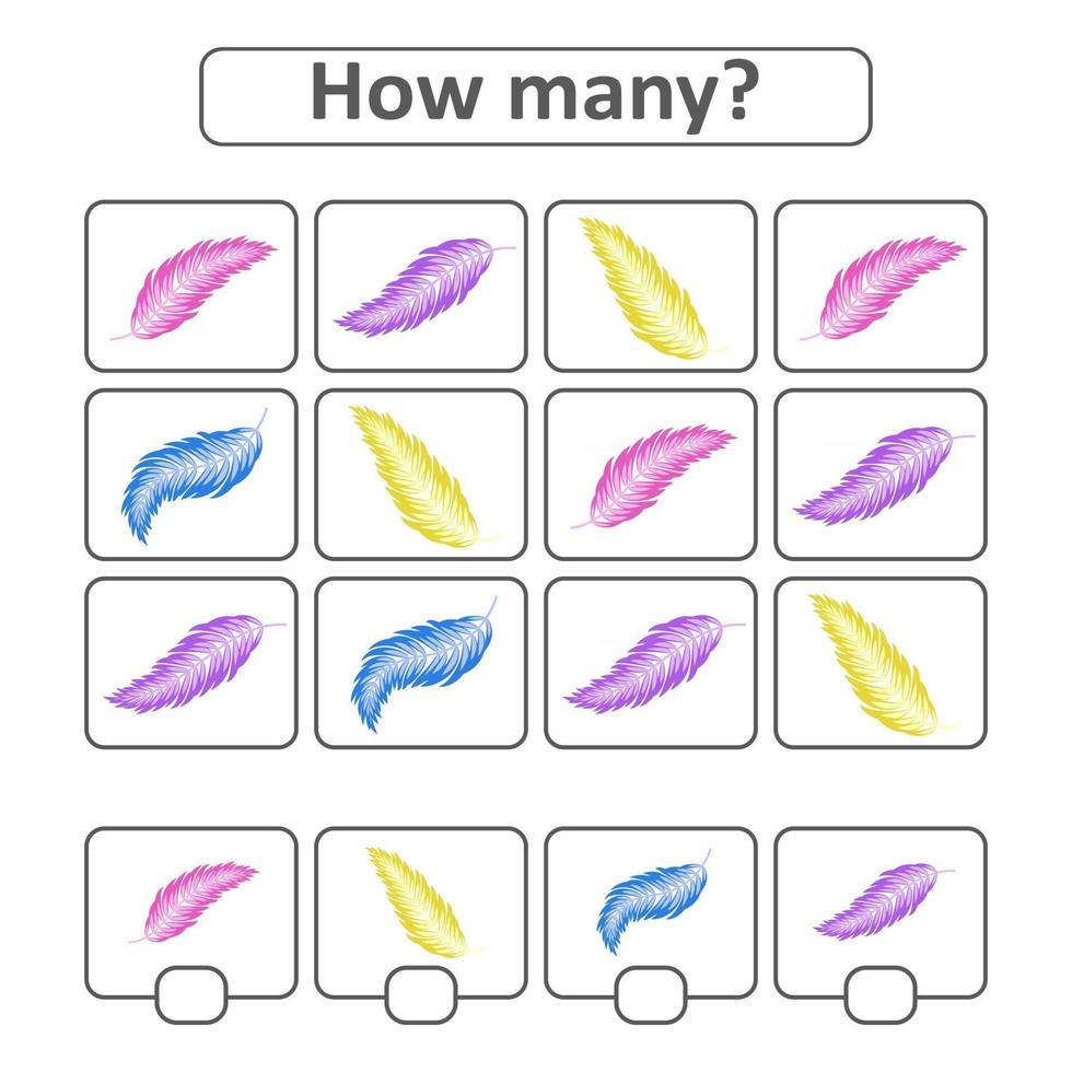 Counting game for preschool children for the development of mathematical abilities. Count the number of feathers in the picture. With a place for answers. Simple flat isolated vector illustration.
