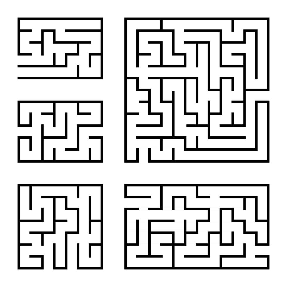 A set of square and rectangular labyrinths with entrance and exit. Simple flat vector illustration isolated on white background.