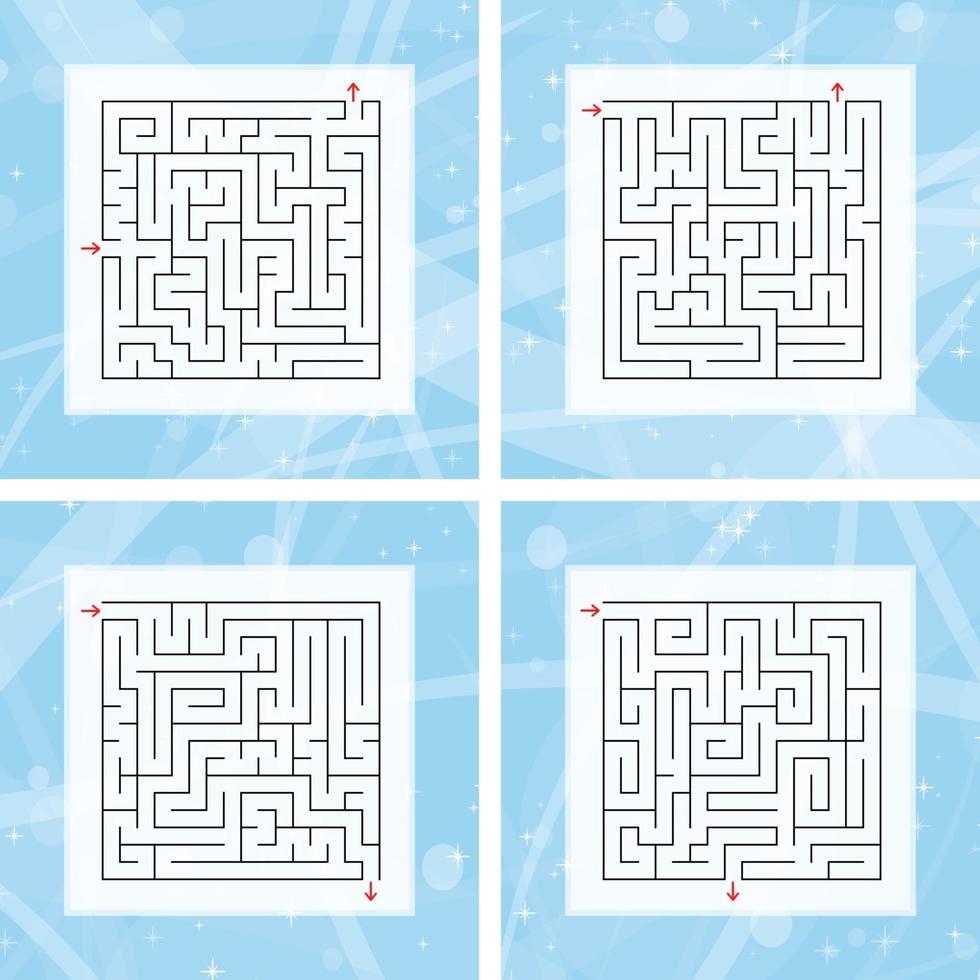 A set of square labyrinths. An interesting and useful game for children and adults. Simple flat vector illustration on a colorful abstract background.