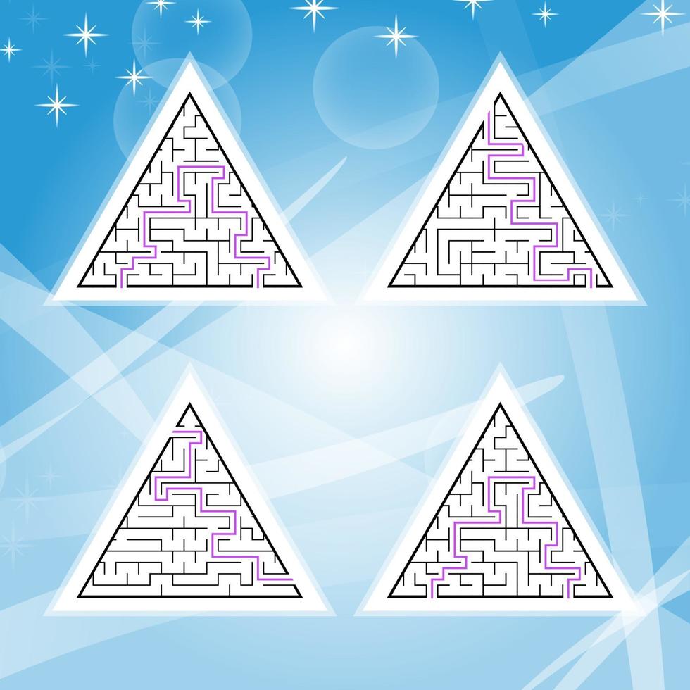 A set of four triangular labyrinths with a black stroke. A game for children. A simple flat vector illustration isolated on a colored background. With the answer.