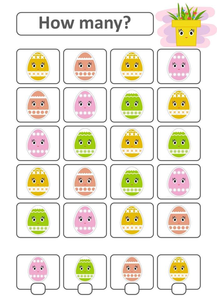 juego de conteo para niños en edad preescolar para el desarrollo de habilidades matemáticas. cuántos huevos de pascua. con un lugar para las respuestas. Ilustración de vector aislado plano simple.