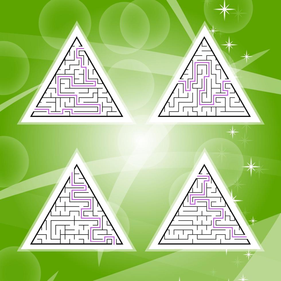 A set of four triangular labyrinths with a black stroke. A game for children. A simple flat vector illustration isolated on a colored background. With the answer.