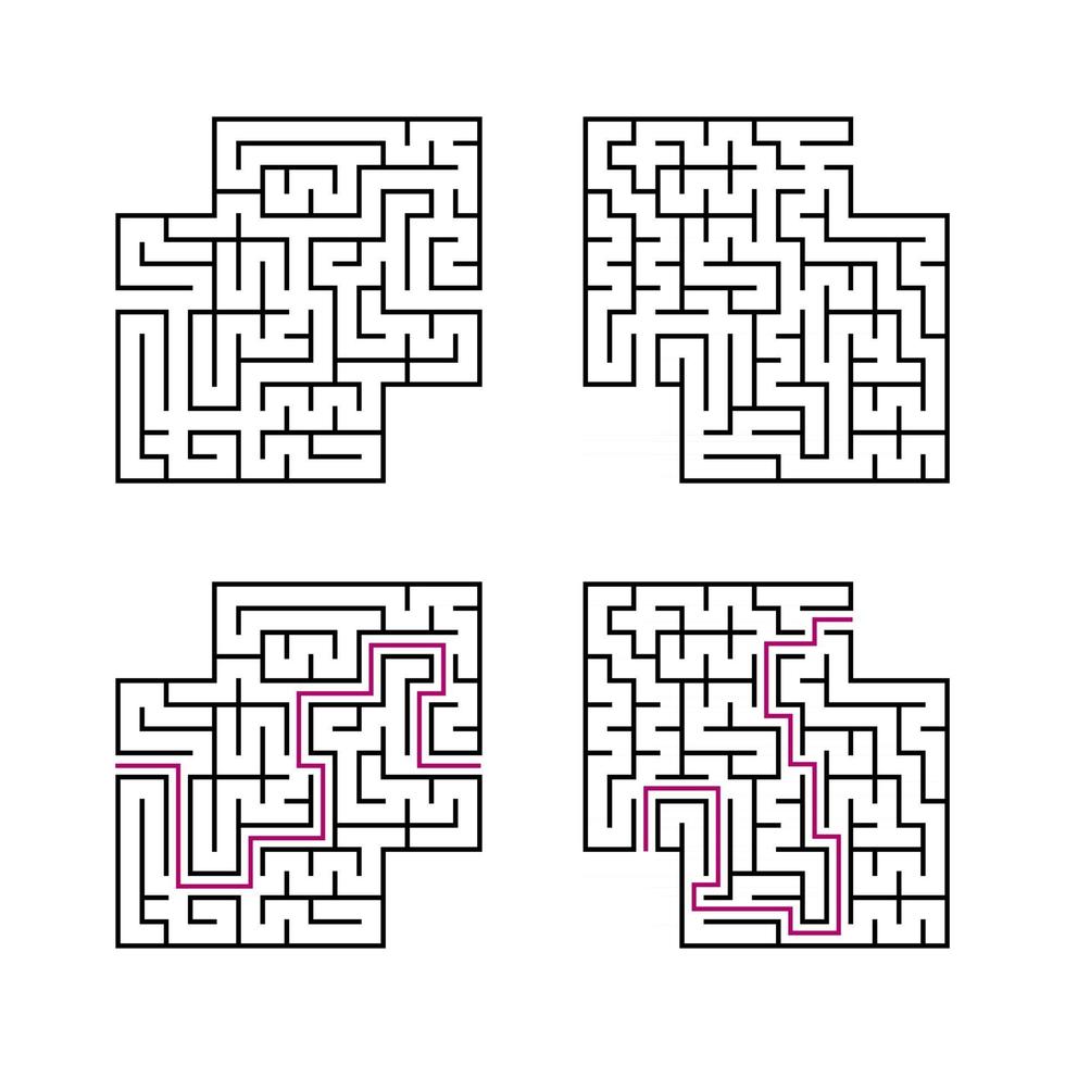 A set of black square mazes for children. Simple flat vector illustration isolated on white background. With the answer. With a place for your images.