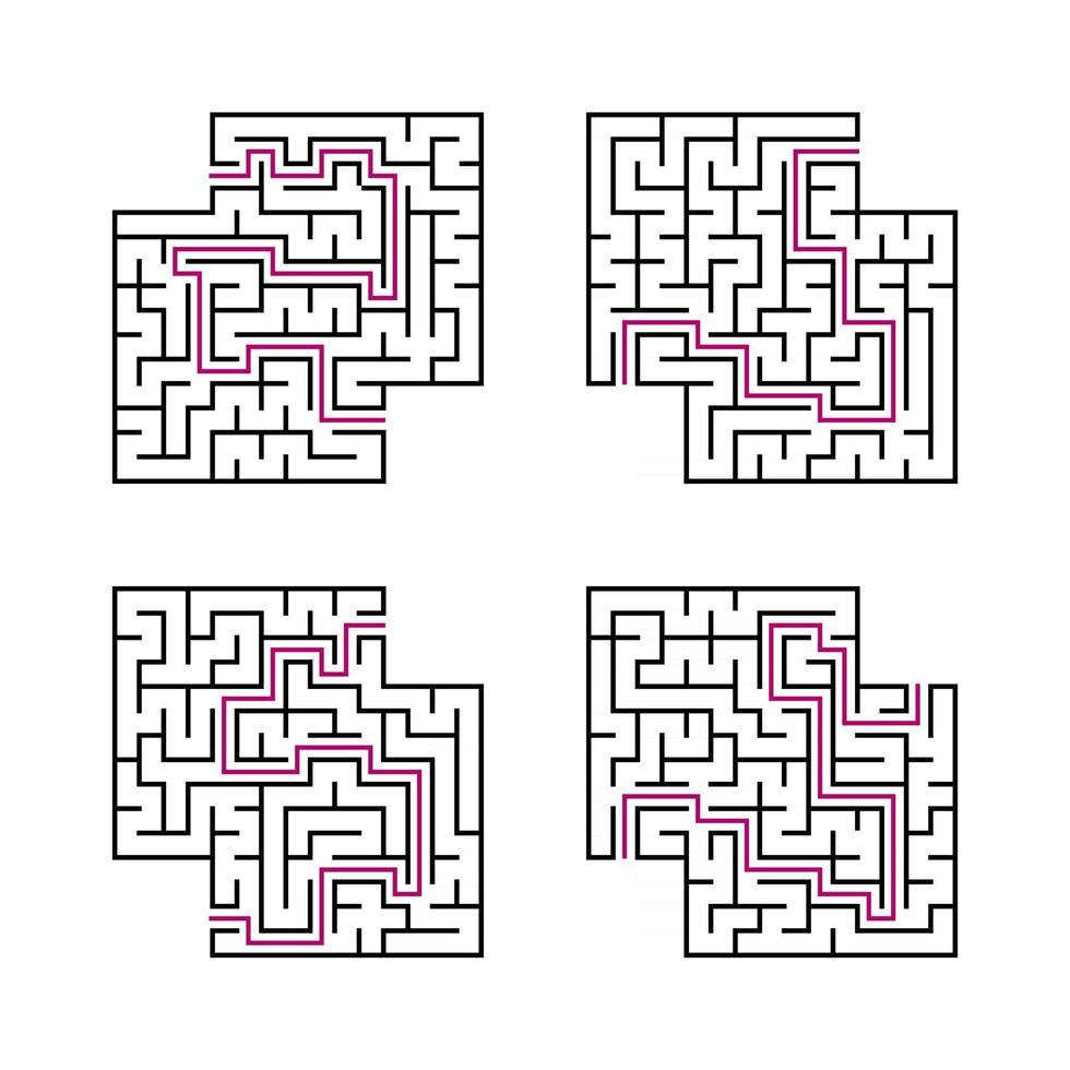 A set of black square mazes for children. Simple flat vector illustration isolated on white background. With the answer. With a place for your images.