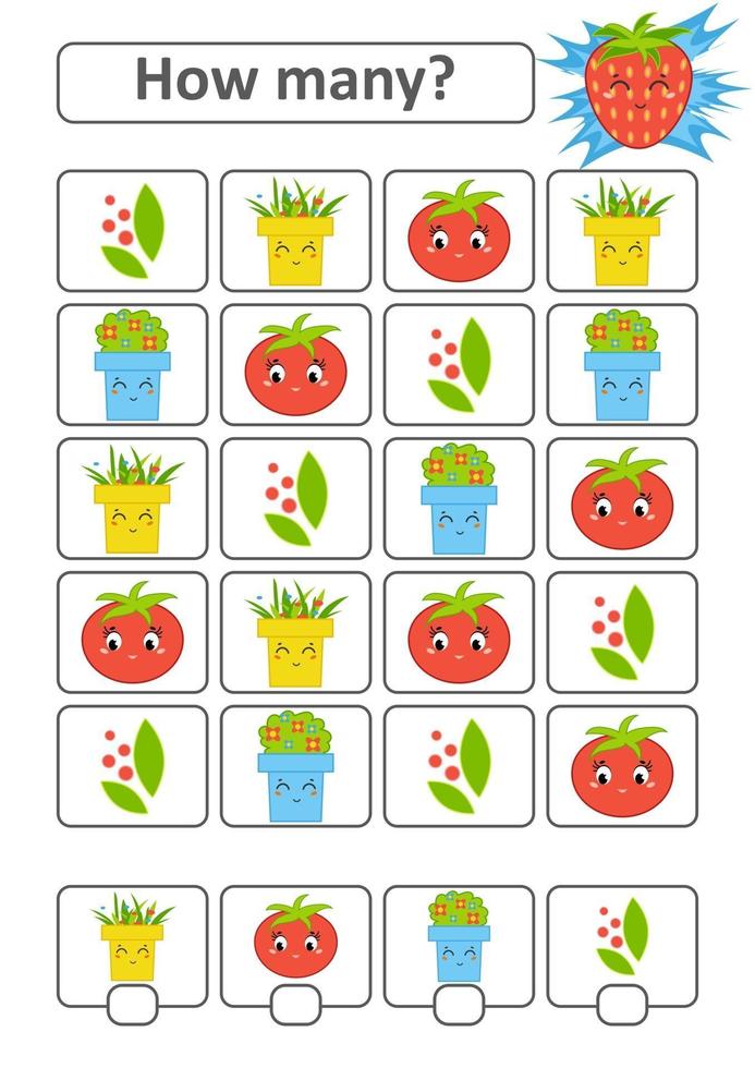 Counting game for preschool children. The study of mathematics. How many characters in the picture. With a place for answers. Simple flat isolated vector illustration.