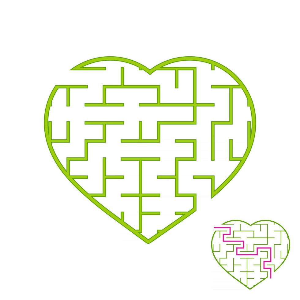 Labyrinth with a green stroke. Lovely heart. A game for children. Simple flat vector illustration isolated on white background. With the answer.