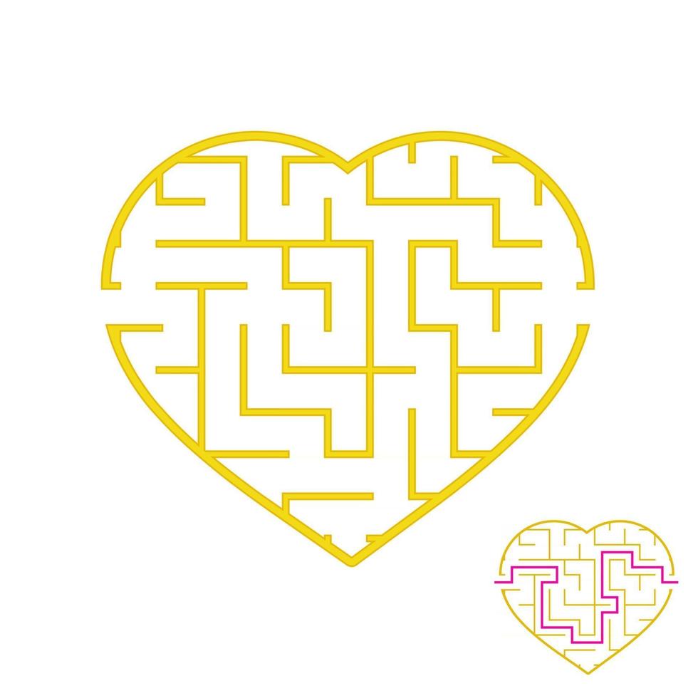 Labyrinth with a yellow stroke. Lovely heart. A game for children. Simple flat vector illustration isolated on white background. With the answer.