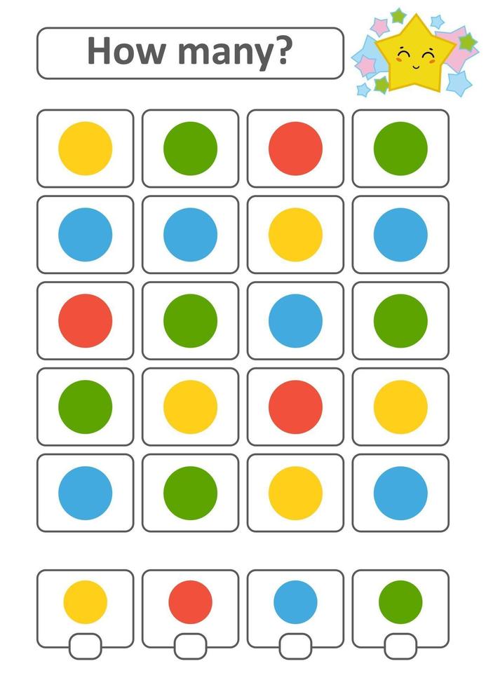 Counting game for preschool children for the development of mathematical abilities. How many circles of different colors. With a place for answers. Simple flat isolated vector illustration.