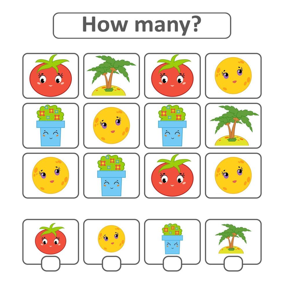 Counting game for preschool children for the development of mathematical abilities. Count the number of objects in the picture. With a place for answers. Simple flat isolated vector illustration.