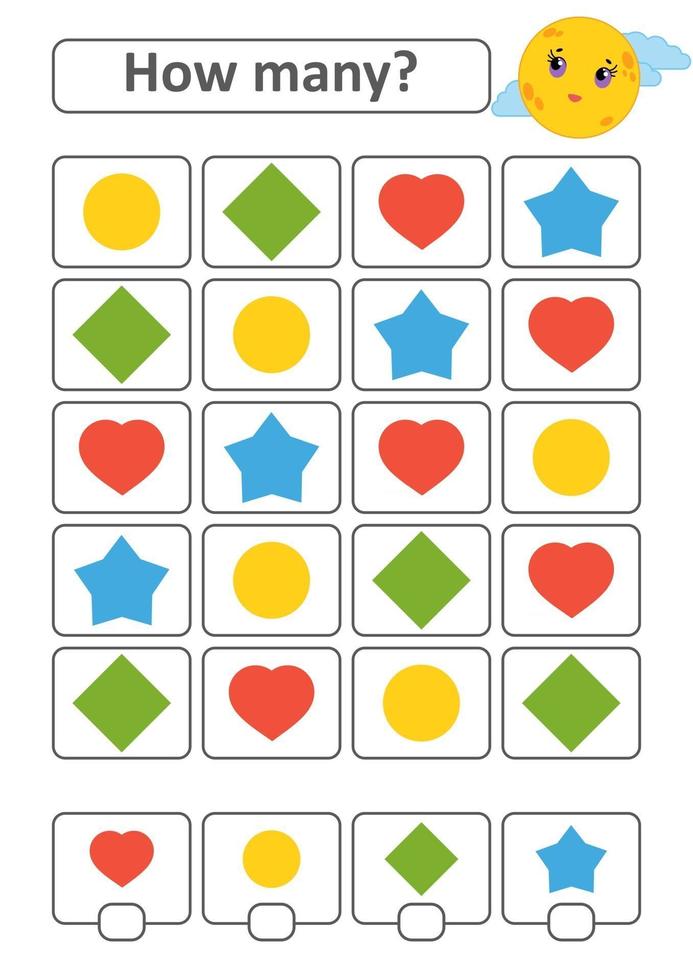 Game for preschool children. Count as many fruits in the picture and write down the result. Heart, diamond, circle, star. With a place for answers. Simple flat isolated vector illustration.