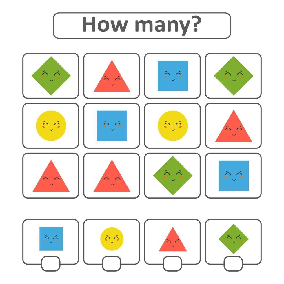 Game for preschool children. Count as many geometric shapes in the picture and write down the result. With a place for answers. Simple flat isolated vector illustration.