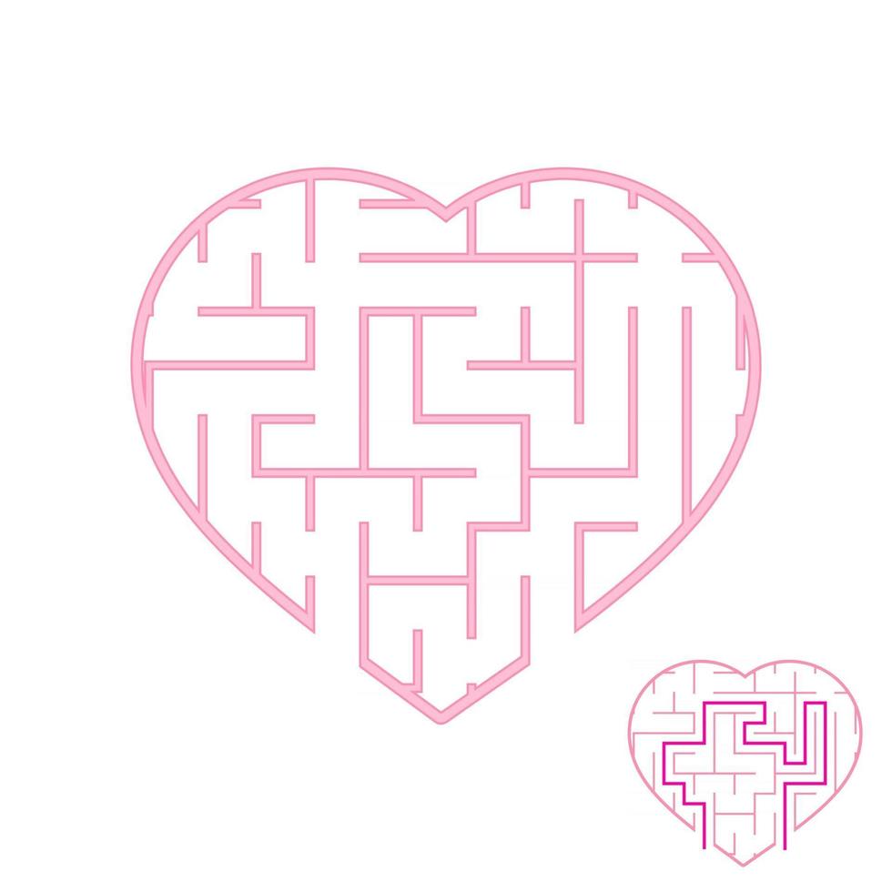 Labyrinth with pink stroke. Lovely heart. A game for children. Simple flat vector illustration isolated on white background. With the answer.