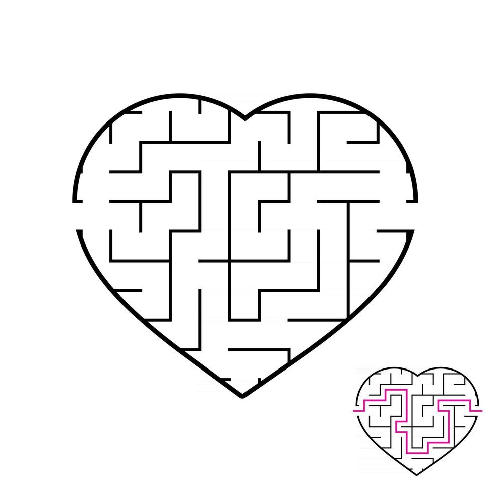 Labyrinth with a black stroke. Lovely heart. A game for children. Simple flat vector illustration isolated on white background. With the answer.