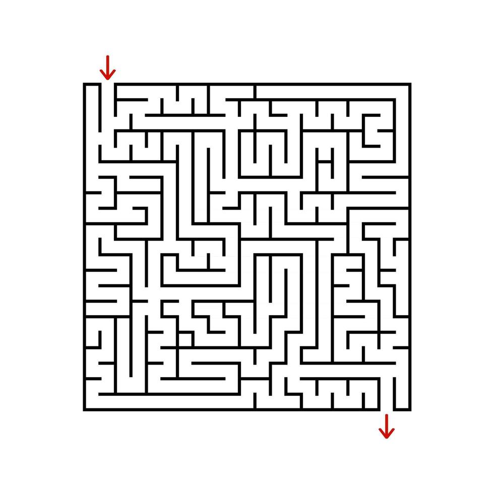 Black square maze with entrance and exit. A game for children and adults. Simple flat vector illustration isolated on white background.