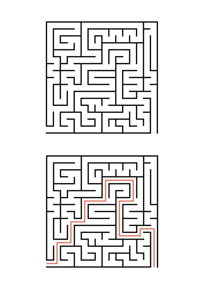 A square maze for children. Simple flat vector illustration isolated on white background. With the answer.