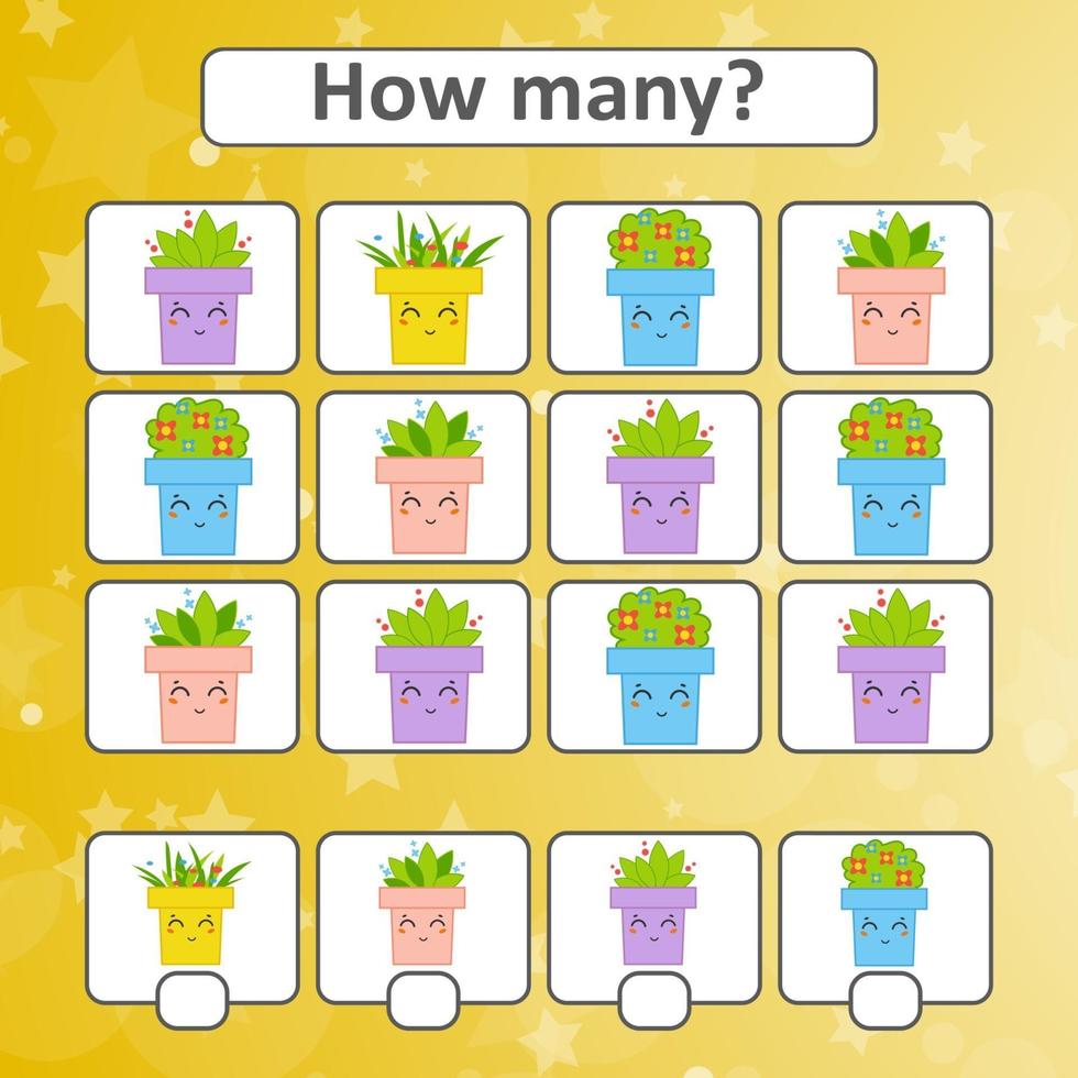 Game for preschool children. Count as many flower pots in the picture and write down the result. With a place for answers. Simple flat isolated vector illustration.