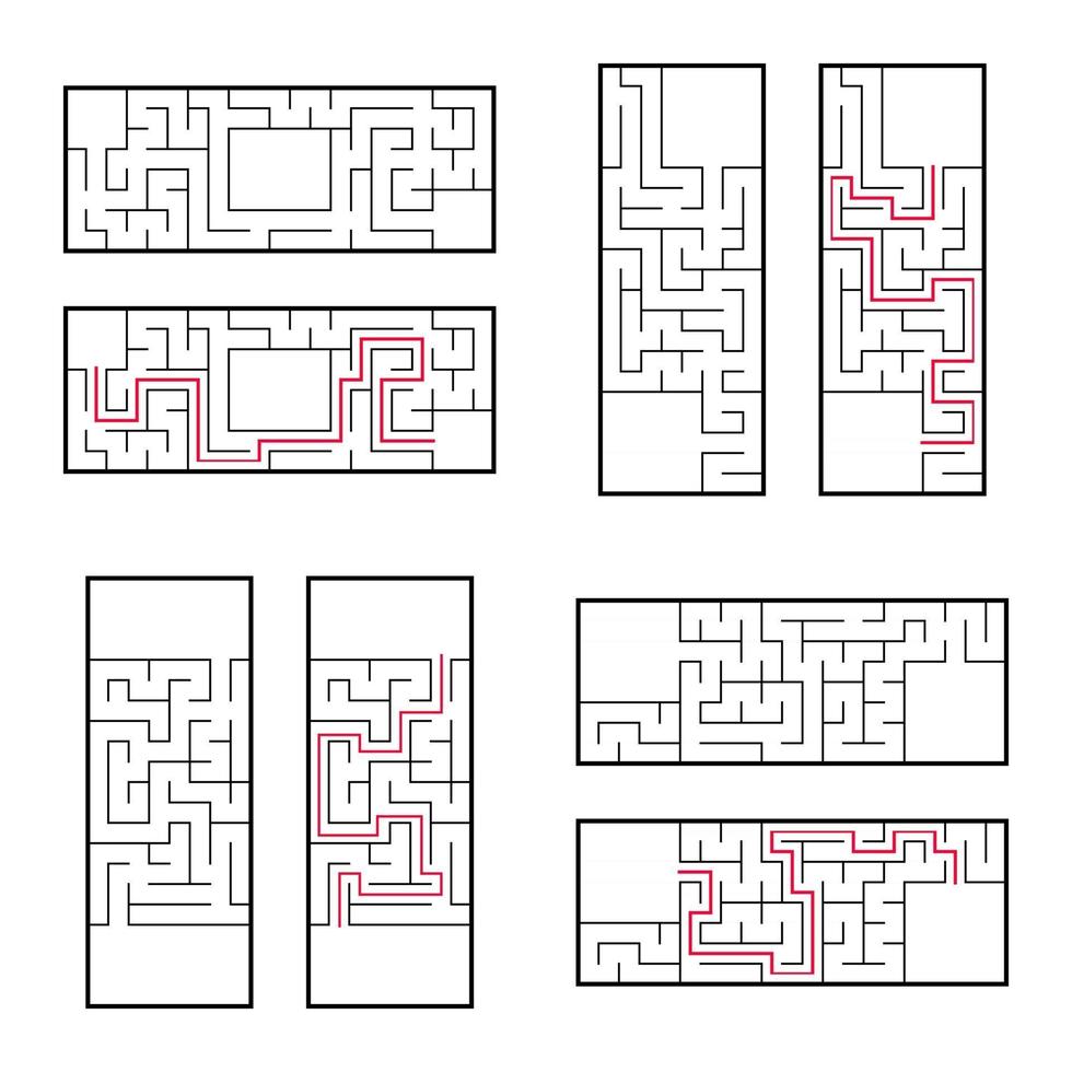 A set of rectangular mazes for children. A puzzle game. Simple flat vector illustration isolated on white background. With the correct answer.