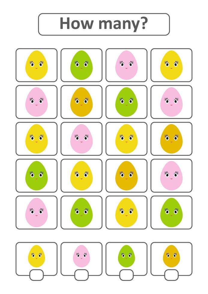 juego de conteo para niños en edad preescolar para el desarrollo de habilidades matemáticas. cuántos huevos de diferentes colores. con un lugar para las respuestas. Ilustración de vector aislado plano simple.