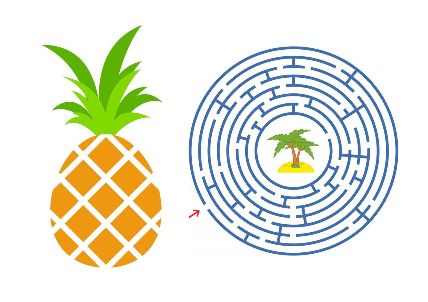 Round maze with a cartoon character. Appetizing pineapple. An interesting and developing game for children. Simple flat isolated vector illustration.