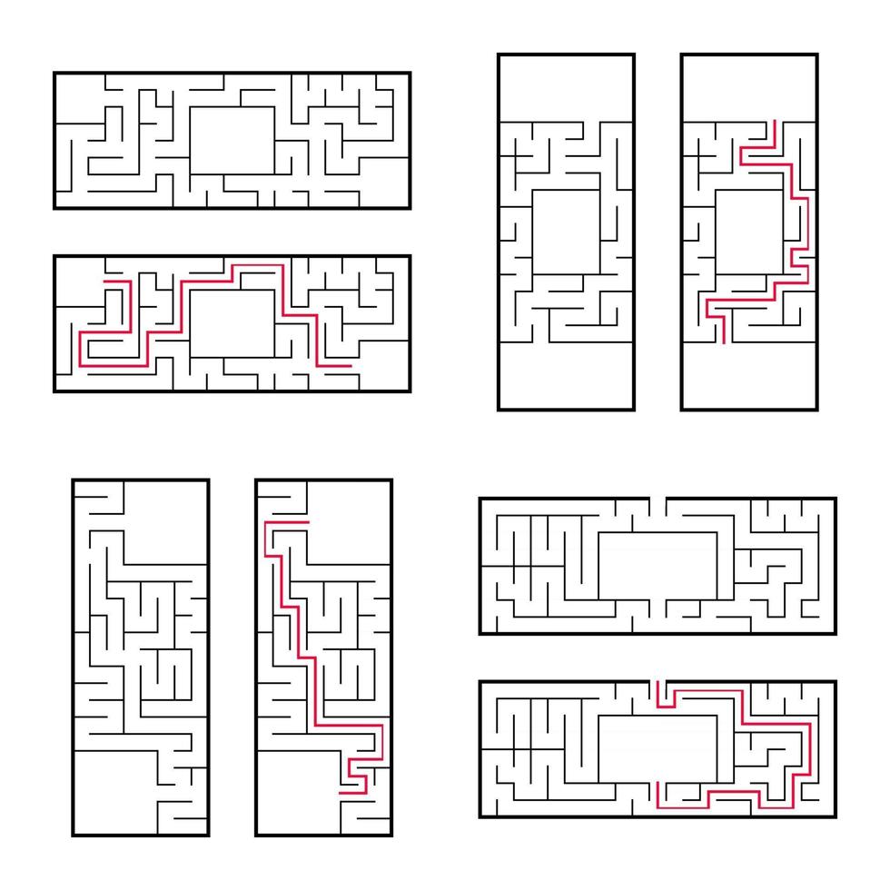 A set of rectangular mazes for children. A puzzle game. Simple flat vector illustration isolated on white background. With the correct answer.