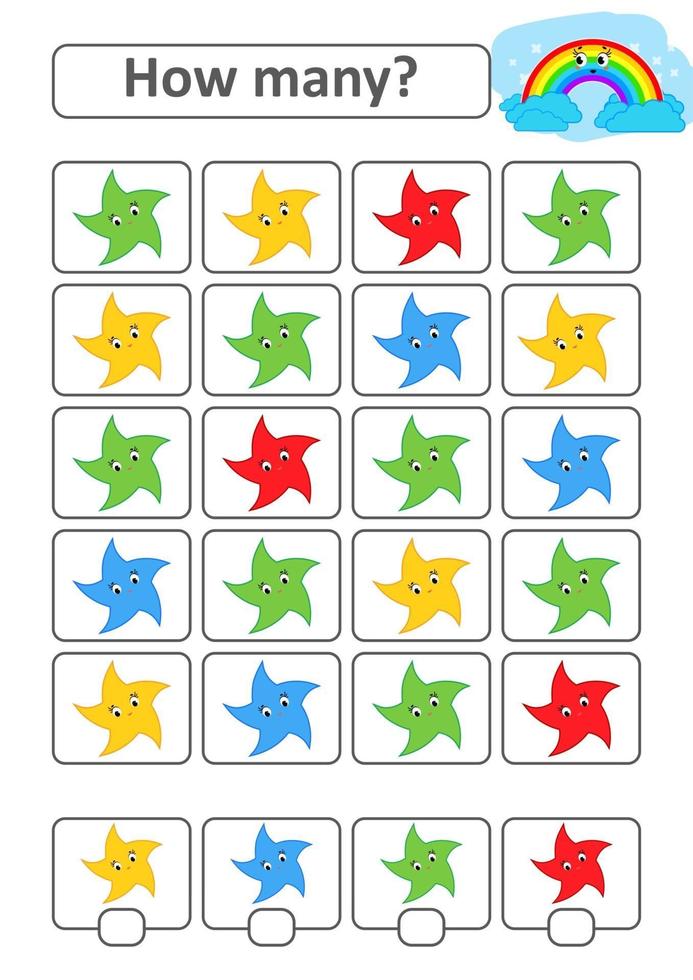 juego de conteo para niños en edad preescolar para el desarrollo de habilidades matemáticas. cuántas estrellas de diferentes colores. con un lugar para las respuestas. Ilustración de vector aislado plano simple.