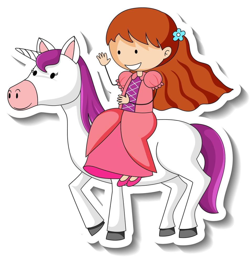 Cute stickers with a little princess riding a unicorn cartoon character vector