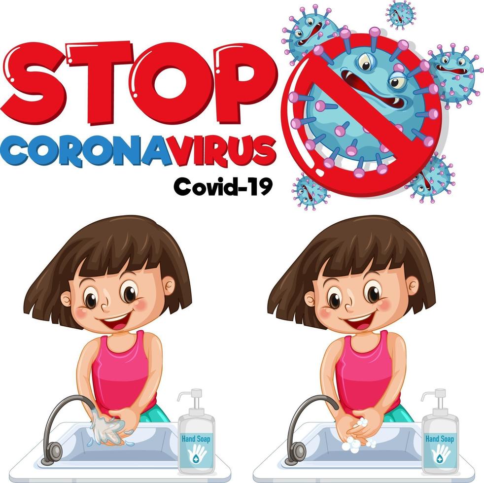 Detener el banner de coronavirus con una niña lavándose las manos sobre fondo blanco. vector