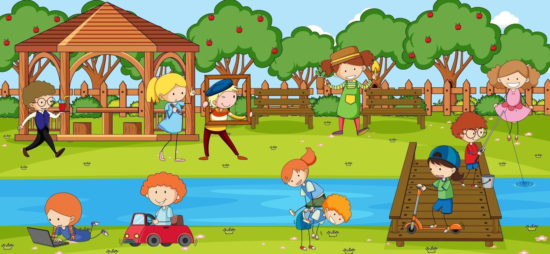 Outdoor scene with many kids playing in the park vector