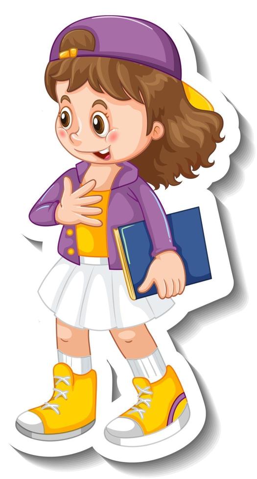 Sticker template with a student girl cartoon character isolated vector