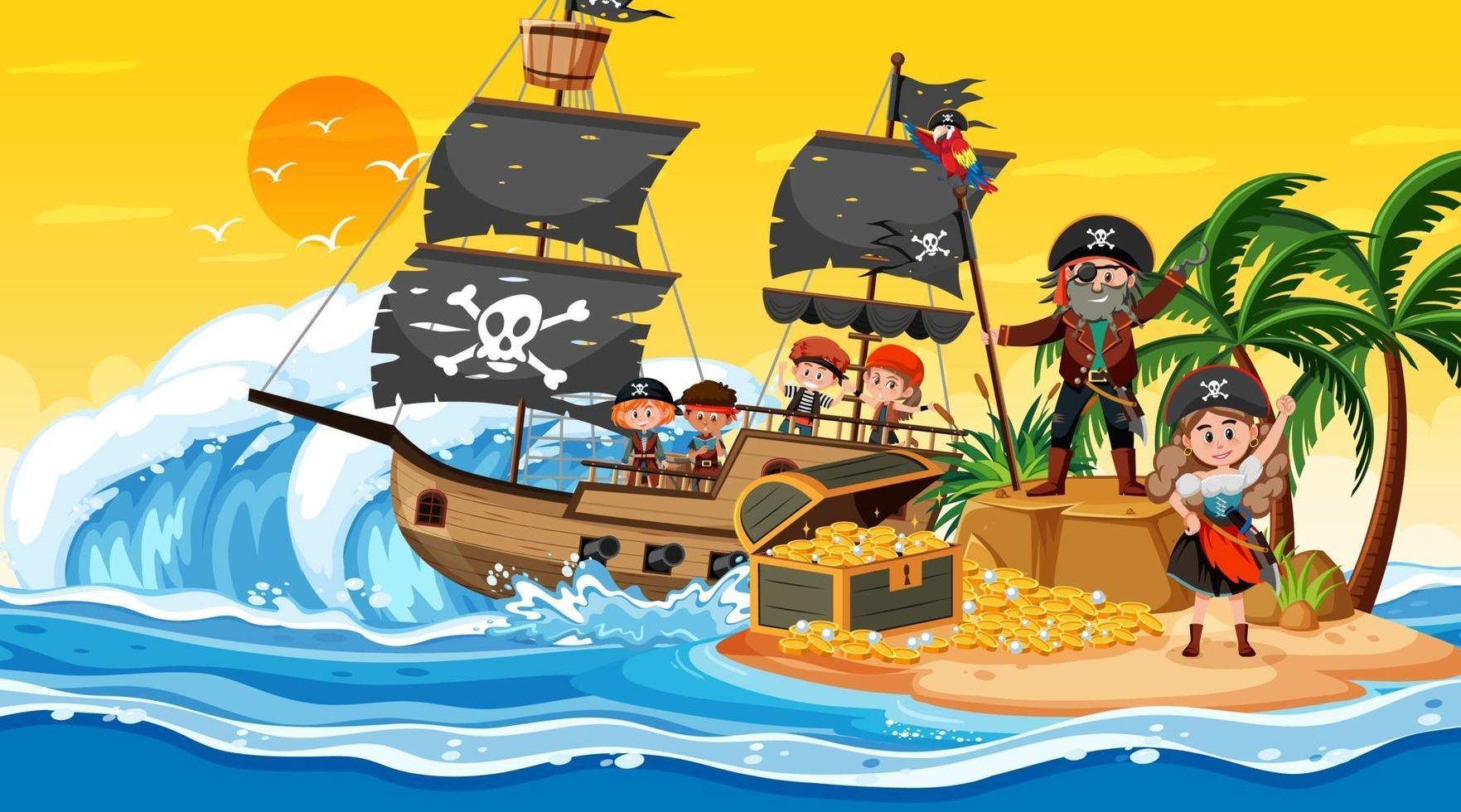 escena de la isla del tesoro al atardecer con niños piratas vector