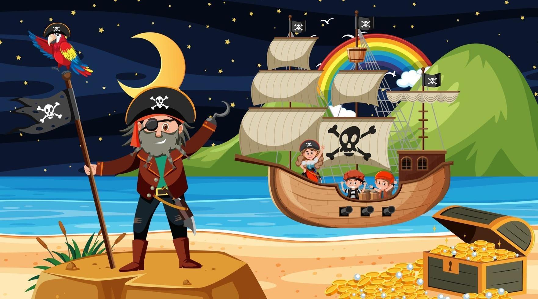 Beach with Pirate ship at night scene in cartoon style vector