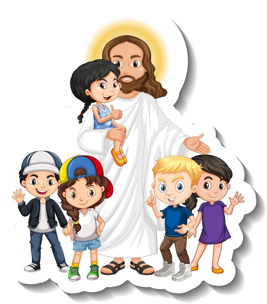 Jesucristo con el grupo de niños pegatina sobre fondo blanco. vector