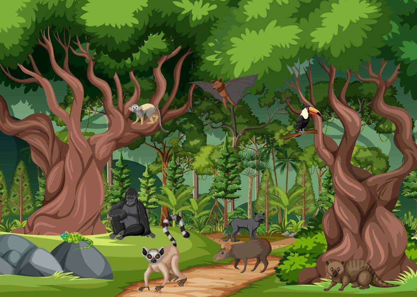 Tropical rainforest scene with various wild animals vector