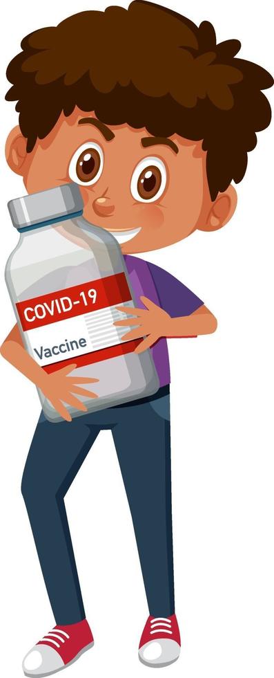 personaje de dibujos animados de un niño sosteniendo una botella de vacuna covid-19 vector