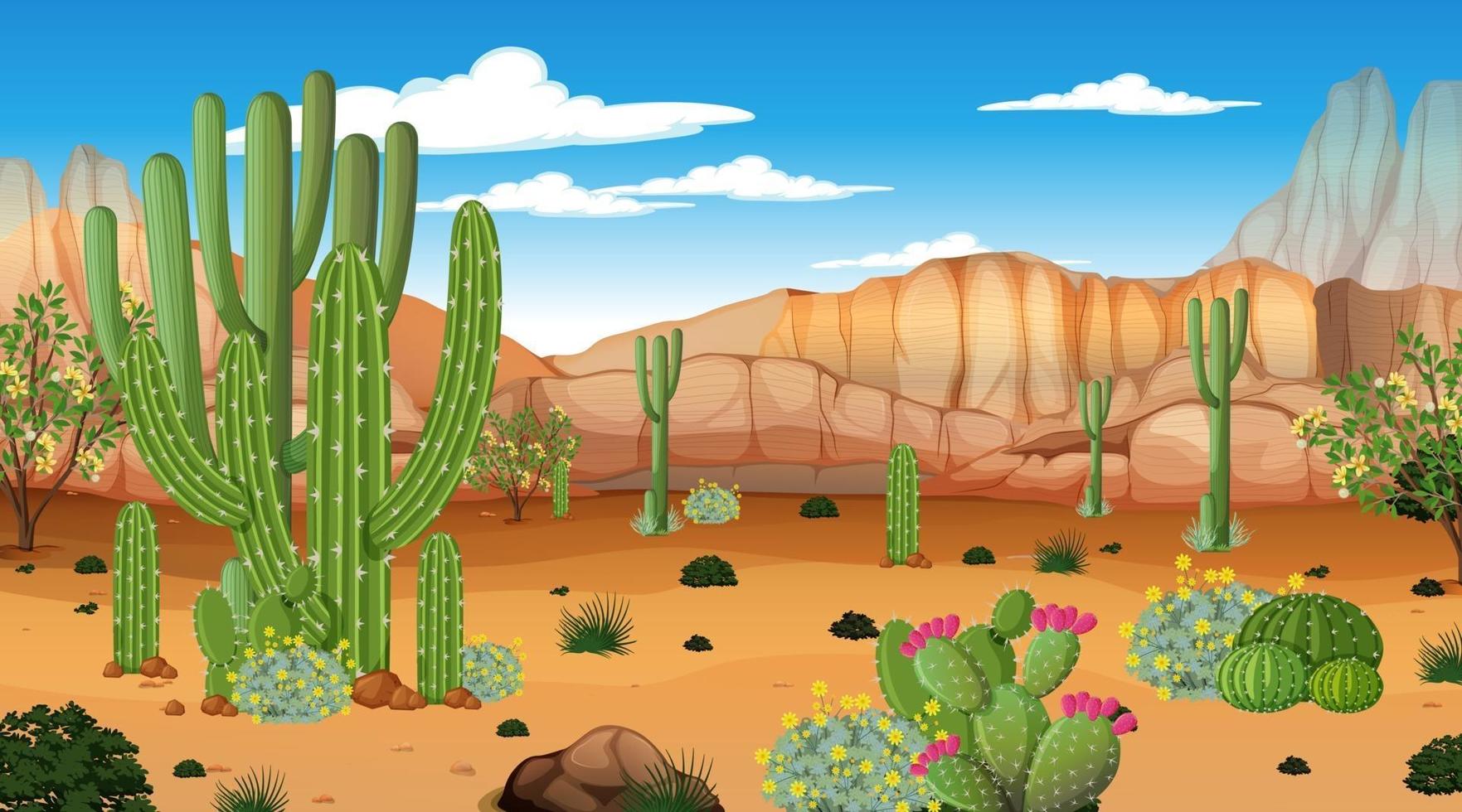 paisaje de bosque desértico en la escena diurna con muchos cactus vector