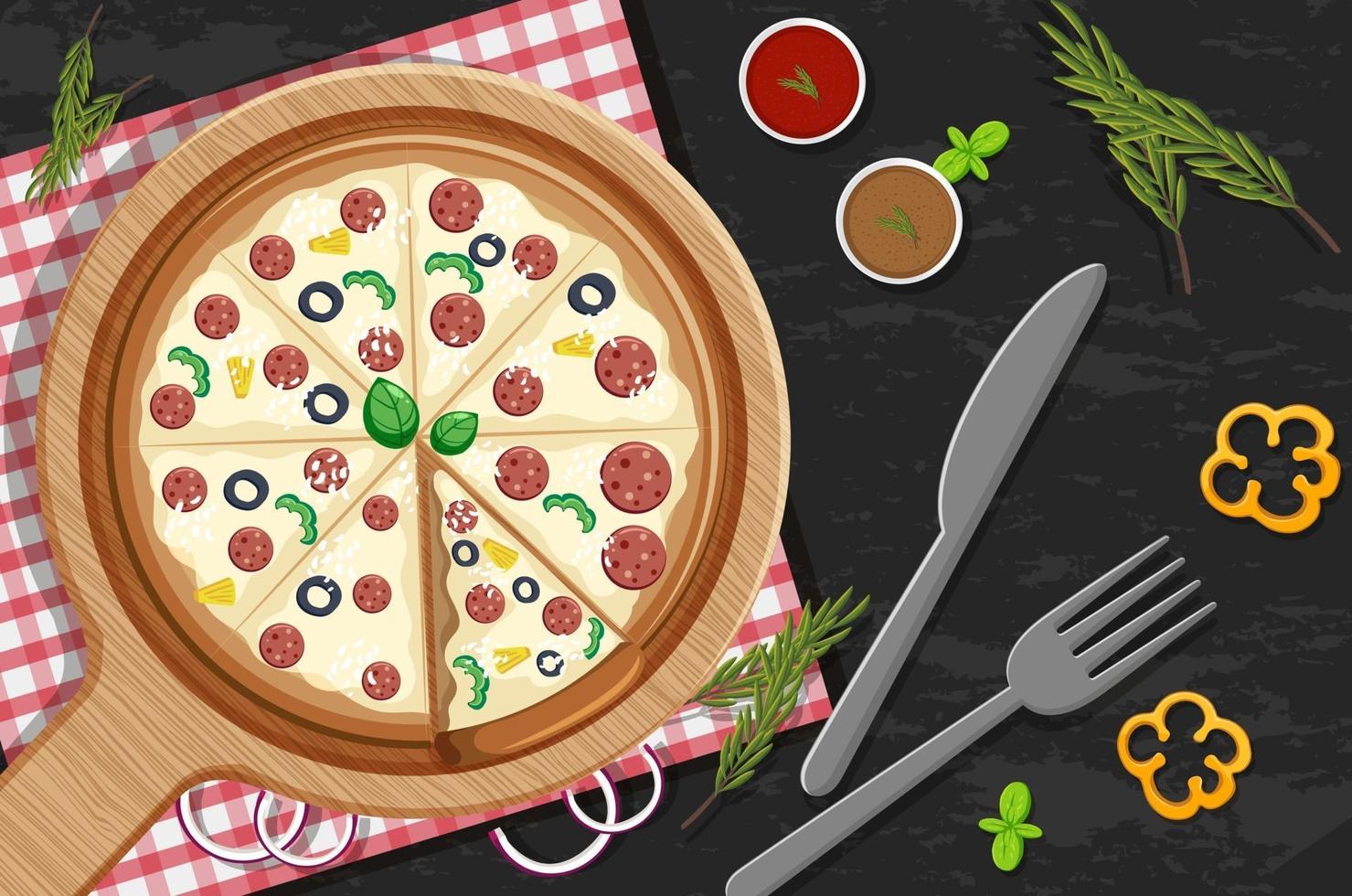 Top view of a whole pizza with pepperoni topping on the table background vector