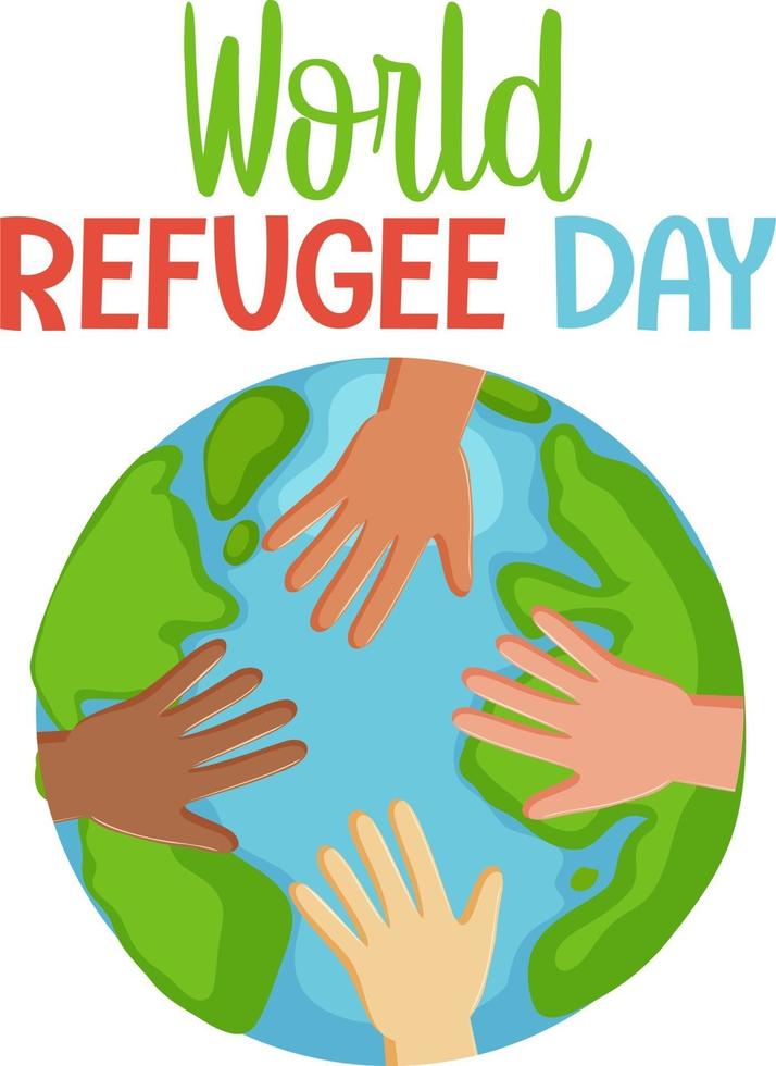 World Refugee Day banner with different hands on globe isolated vector
