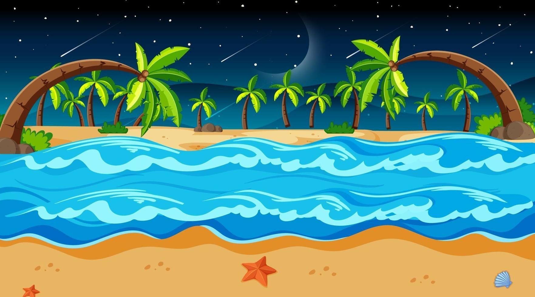 Escena de paisaje de playa tropical con muchas palmeras en la noche vector