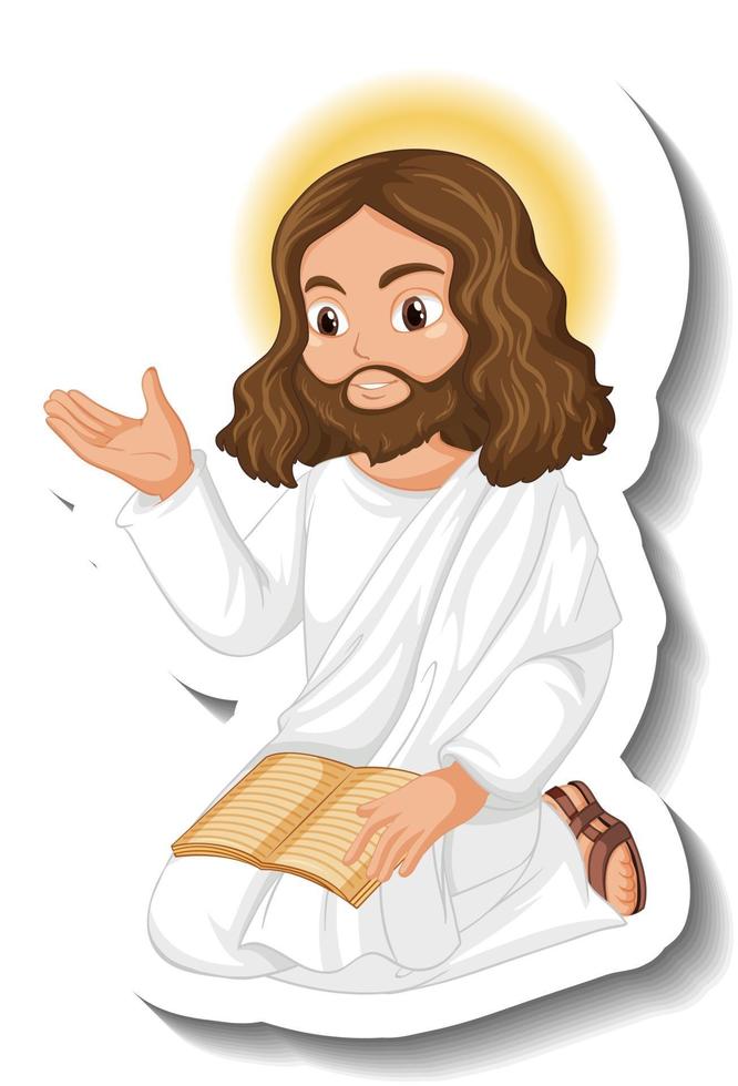 Pegatina de personaje de dibujos animados de Jesucristo sobre fondo blanco. vector