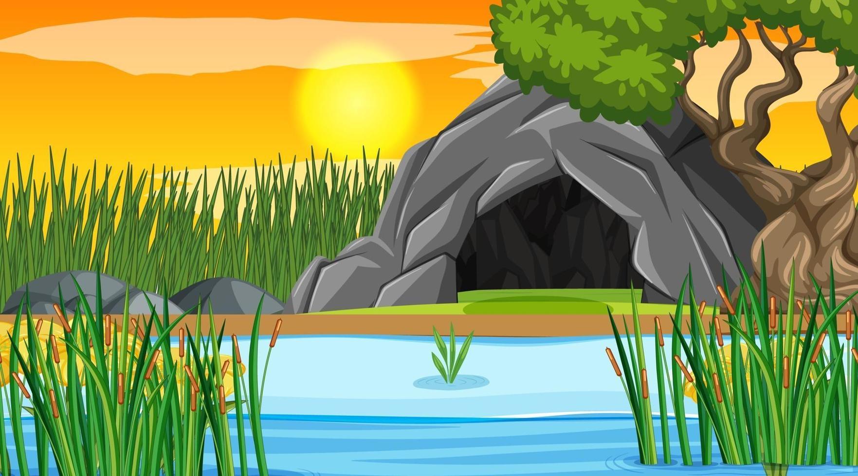 Blank landscape scene of cave in the forest at sunset time vector