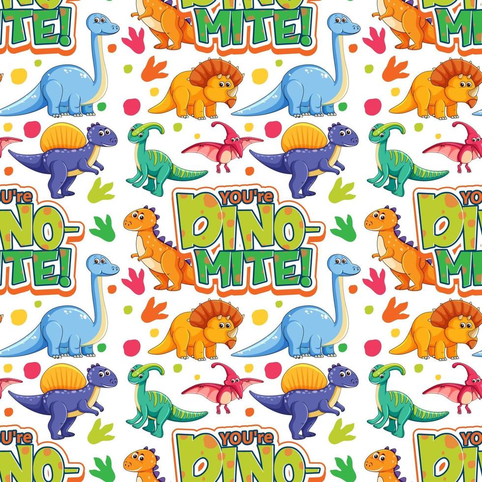 Seamless pattern with cute dinosaurs and font on white background vector