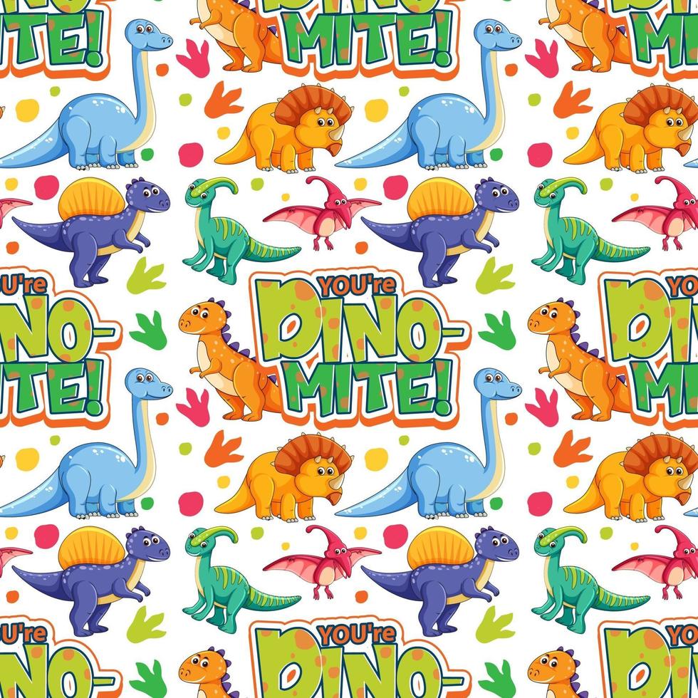 Seamless pattern with cute dinosaurs and font on white background vector