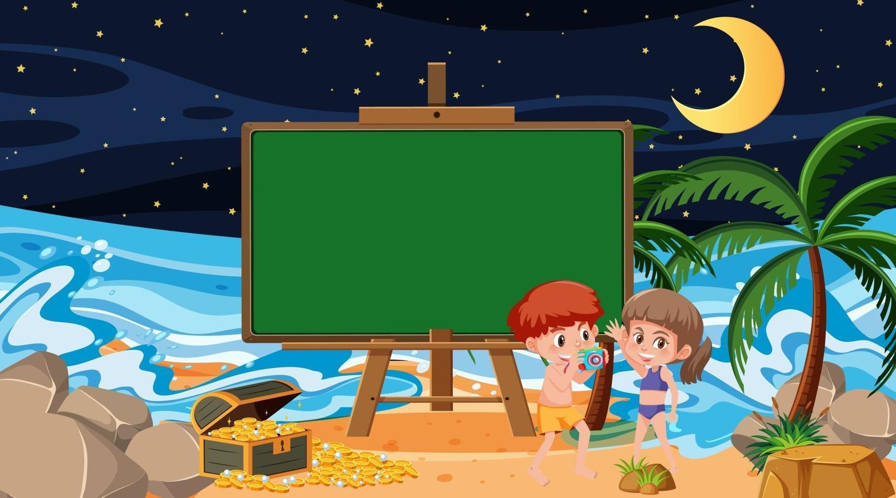 Kids on vacation at the beach night scene with an empty banner template vector