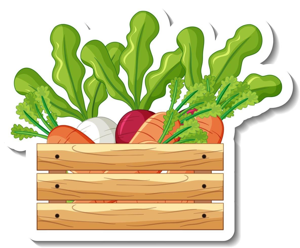 Sticker template with root vegetables in wooden box vector