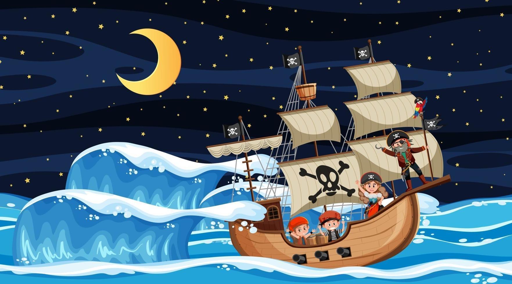 Ocean with Pirate ship at night scene in cartoon style vector