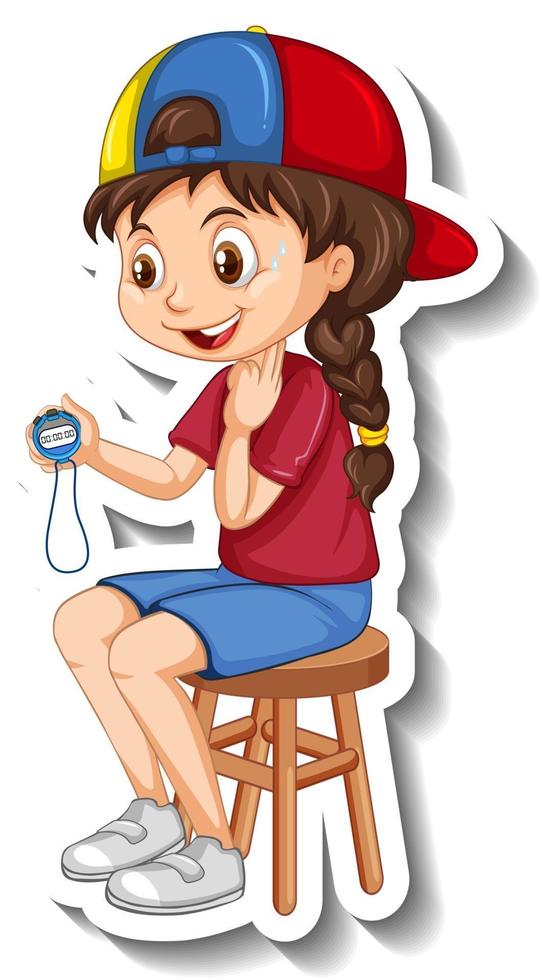 Cartoon character sticker with sport coach girl holding a timer vector