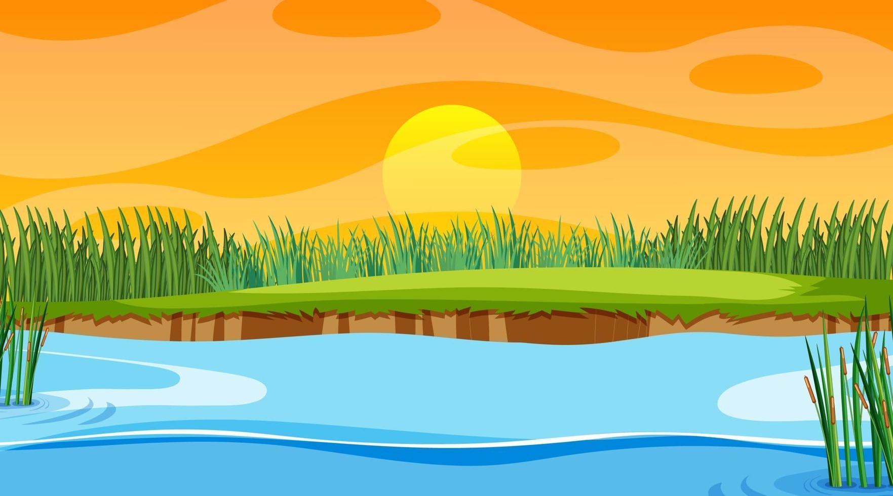 Escena del paisaje del bosque con el río y la puesta de sol. vector