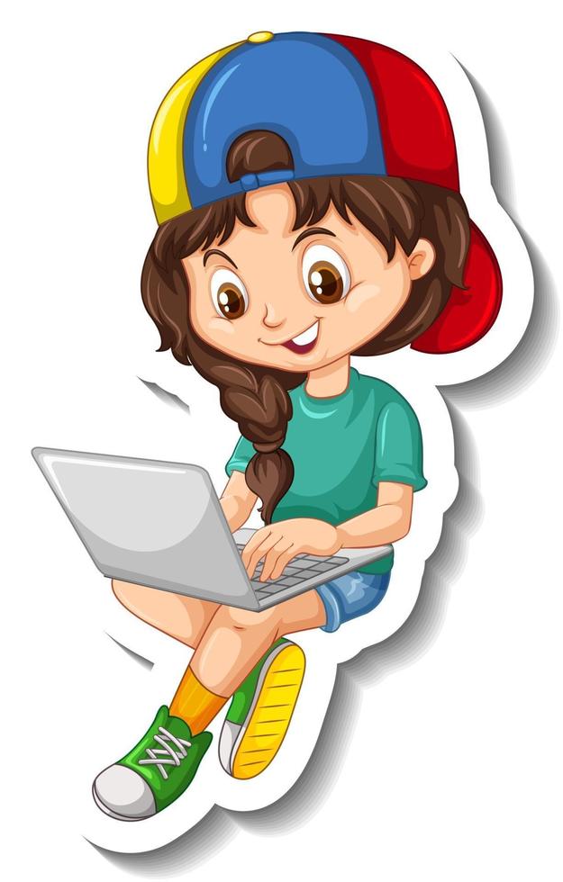 A girl using a laptop cartoon character sticker vector