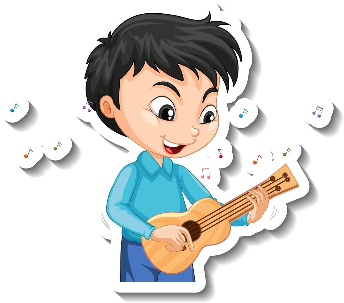 Diseño de pegatinas con un niño tocando el ukelele. vector